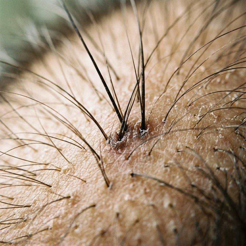 Extreme close-up of hair follicle region at scalp, macro, soft diffused light, no retouching