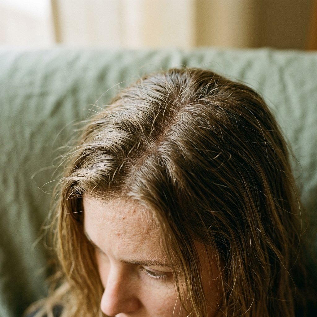 Close-up of hair parted to reveal scalp, soft natural light, no salon styling
