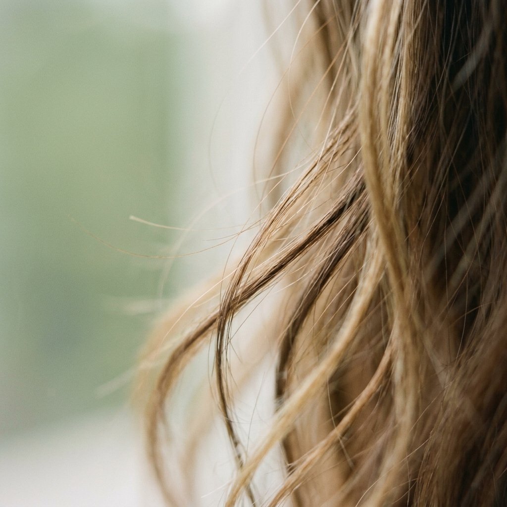 Close-up of hair strands catching indirect morning light, no styling products, candid